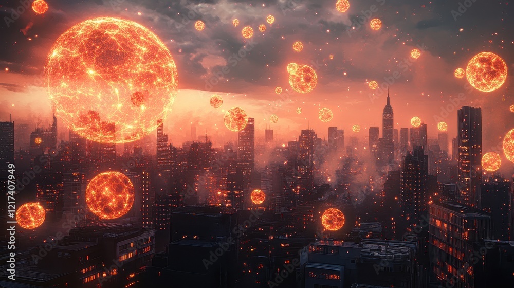 Obraz premium Airborne PM2.5 particles illustrated as glowing orbs in a polluted cityscape, artistic visualization of air quality issues.