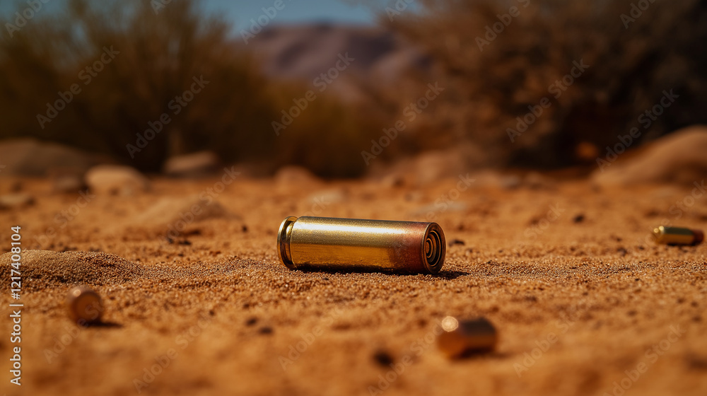 A small-arms cartridge case from a .45 ACP round on a sandy desert terrain, with its matte brass finish contrasting against the dusty earth and sparse vegetation in the background. A small-arms cartridge case from a .45 ACP round on a sandy desert terrain, with its matte brass finish contrasting against the dusty earth and sparse vegetation in the background.