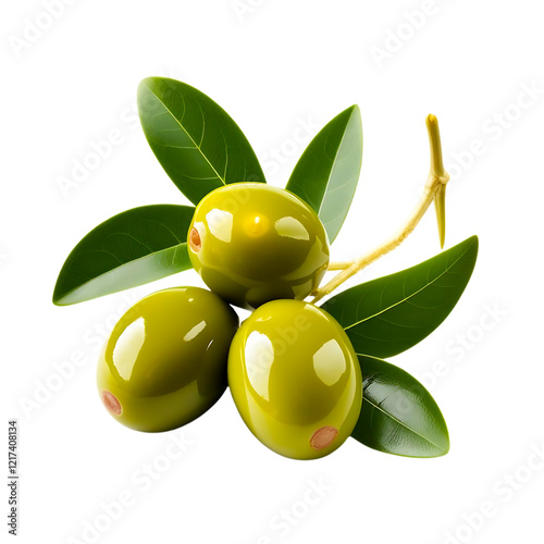 Green olives with leaves and oil drops isolated on a white background. Green olives and olive leaves with white flowers on a white background. Green olives fruits with leaves