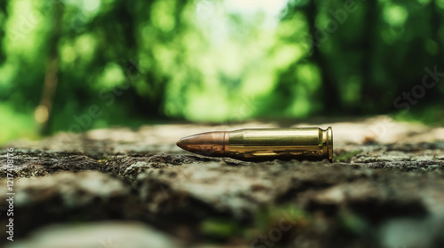 A close-up of a .223 Remington cartridge case lying on a stone path, its highly reflective brass surface contrasting with the rugged, textured stone, framed by a blurred green fore photo