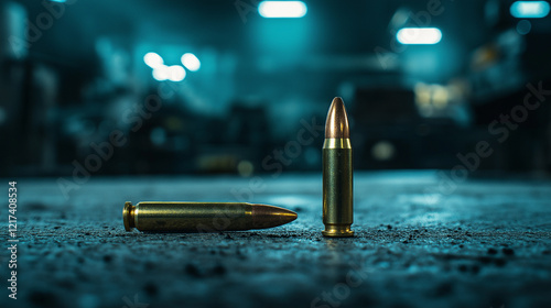 A solitary .223 caliber cartridge case on an industrial, concrete surface, with a backdrop of a dimly lit workshop filled with tools and machinery for a rugged, utilitarian feel. photo