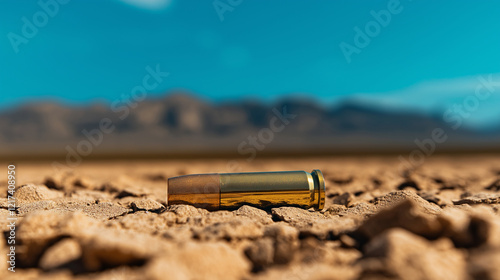 A .30 caliber cartridge case lying in dry, cracked earth, surrounded by the arid landscape of a desert, with a clear blue sky as a dramatic backdrop. photo