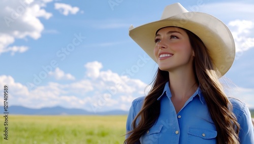 Woman, cowboy hat, field, mountains, day, hopeful, outdoor, stock photo