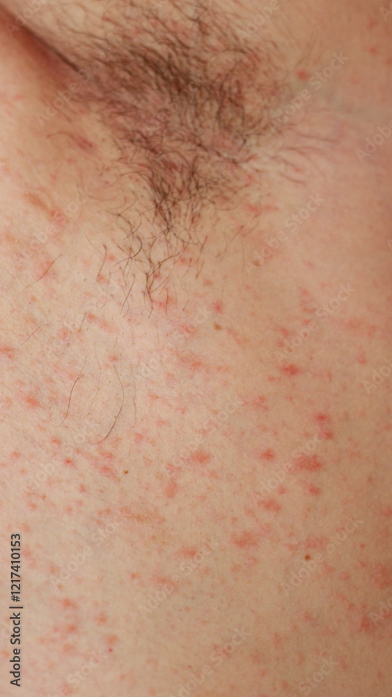 Fototapeta premium Pityriasis rosea rash on caucasian skin near the armpit that usually result from an immune response or allergy
