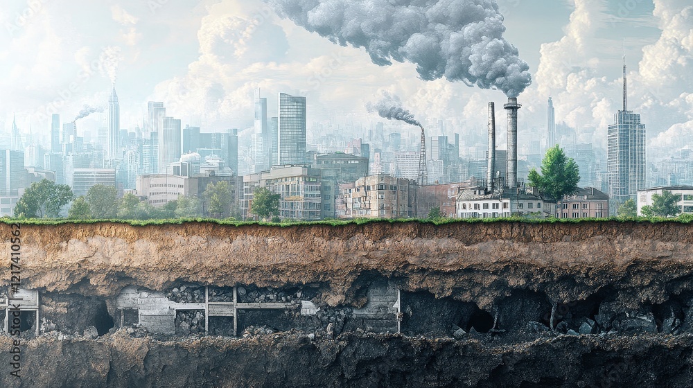 Artistic cross-section of air showing PM2.5 particle layers, urban setting in the background, educational and creative. Artistic cross-section of air showing PM2.5 particle layers, urban setting in the background, educational and creative.