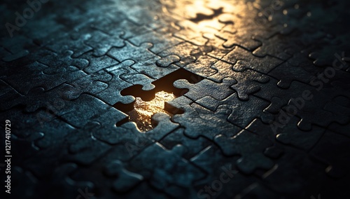 A dark puzzle with one piece missing, illuminated by the soft glow of an overhead light