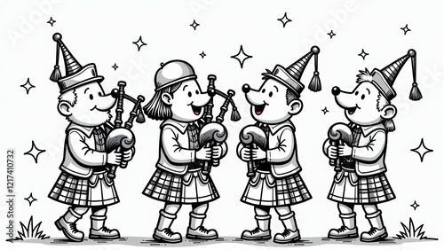 Four Adorable Mice Playing Bagpipes in Kiltscoloring bookcoloring book photo