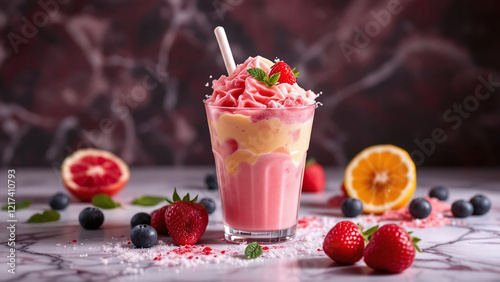 Wallpaper Mural A delicious layered sherbet dessert with strawberries and blueberries on a marble table. Torontodigital.ca