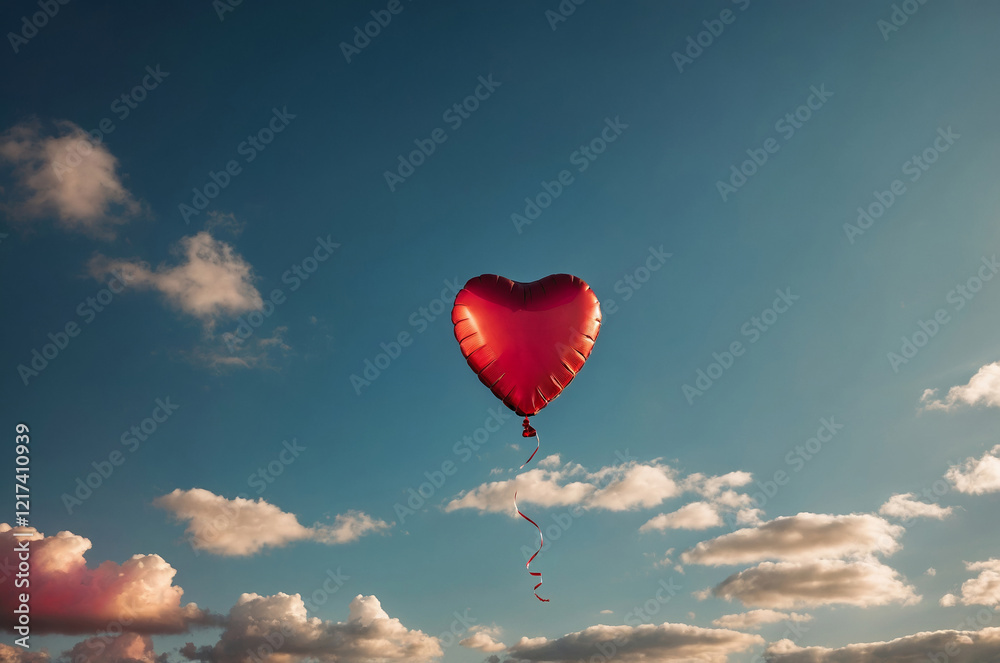 Fototapeta premium red heart shaped balloon fly into the blue sky with clouds, love concept, copy space