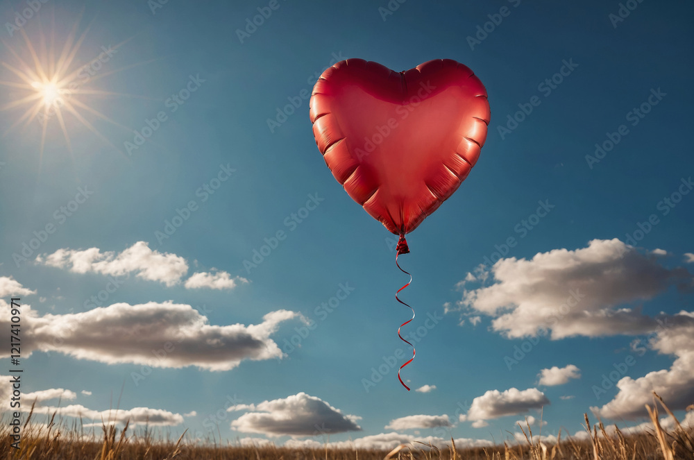 Fototapeta premium red heart shaped balloon fly into the blue sky with clouds, love concept, copy space