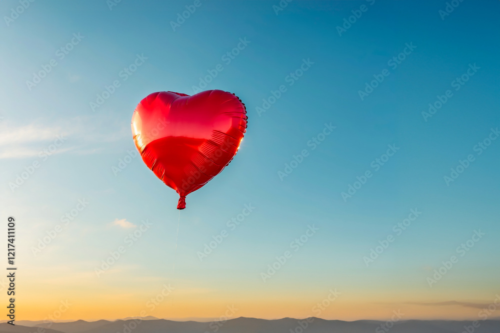 Obraz premium red heart shaped balloon fly into the blue sky with clouds, love concept, copy space
