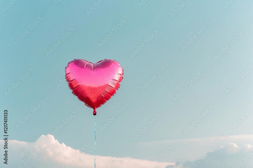Fototapeta premium red heart shaped balloon fly into the blue sky with clouds, love concept, copy space