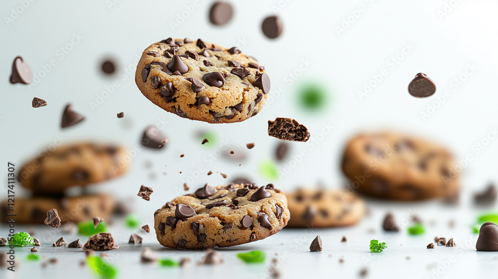 Obraz premium Falling chocolate chip cookies on white background, concept for snack time or dessert craving