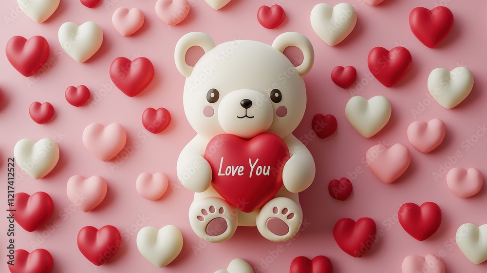 Obraz premium Cute teddy bear holding red heart with love you text surrounded by colorful hearts on soft pink background