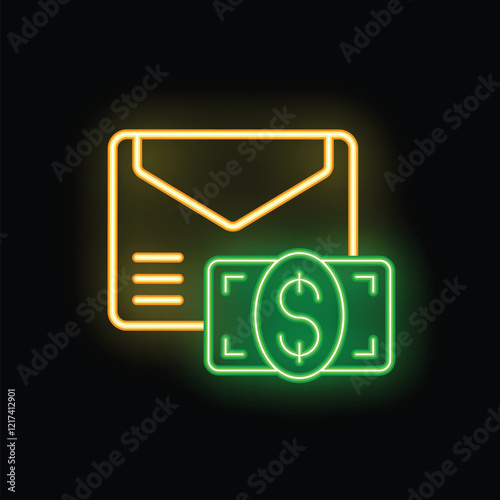 Glowing neon icon of an envelope with a dollar bill, representing online payment, money transfer, and digital finance