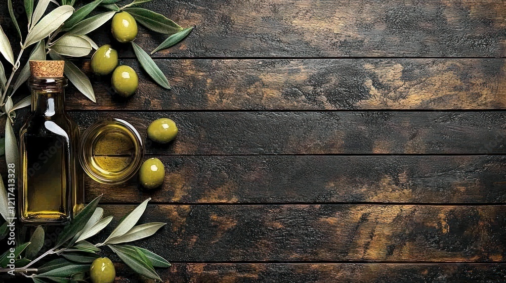 Naklejka premium Olive oil bottle, olives, wood, background, food