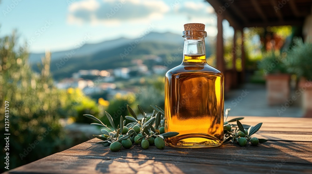 Olive oil bottle, outdoor setting, sunset, Italian countryside