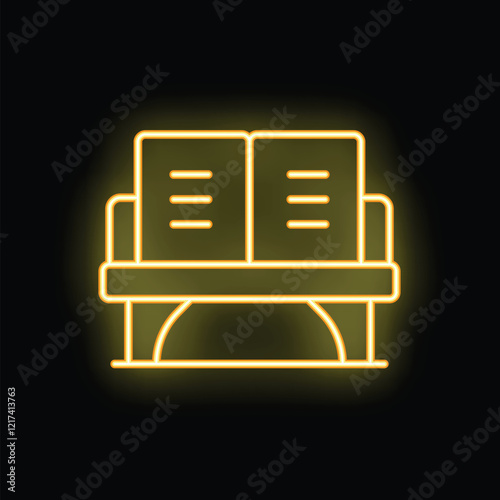 Glowing yellow neon sign depicting a waiting bench with a high back, ideal for projects related to public spaces, transportation, and urban life