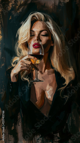Elegant blond lady with red lips and black dress drinking wine, brush painting oil on canvas 