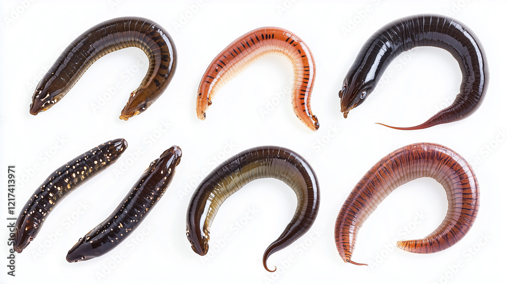 Collection set of worms isolated on white background for nature and educational purposes Collection set of worms isolated on white background for nature and educational purposes