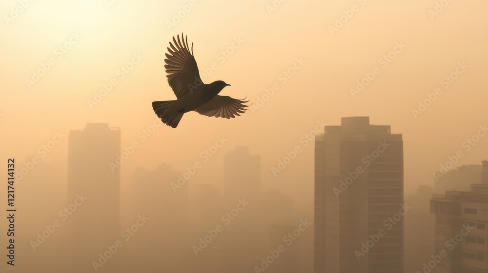 Obraz premium Bird struggling to fly through thick smog, muted natural colors, symbolic of wildlife impacted by air pollution.