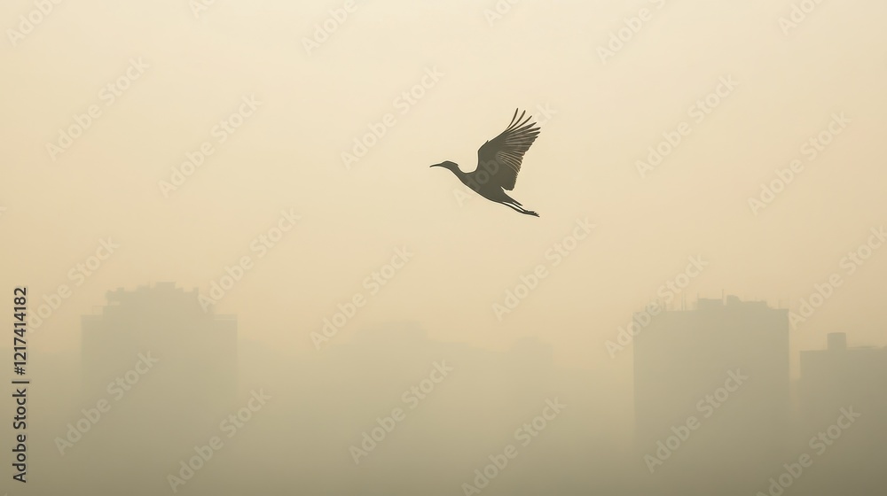 Fototapeta premium Bird struggling to fly through thick smog, muted natural colors, symbolic of wildlife impacted by air pollution.