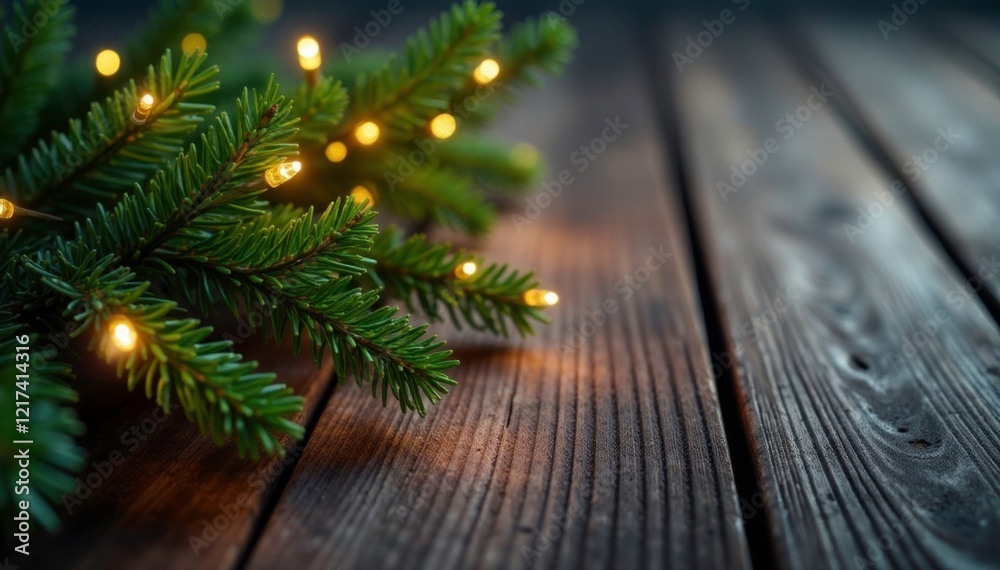 Fir branch with twinkling lights on wooden plank, christmas, winter Fir branch with twinkling lights on wooden plank, christmas, winter