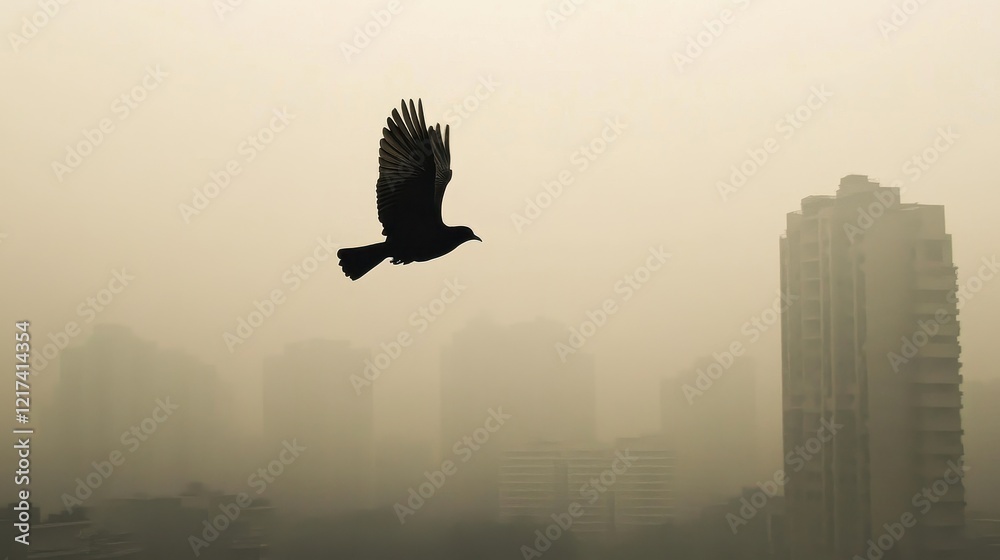 Fototapeta premium Bird struggling to fly through thick smog, muted natural colors, symbolic of wildlife impacted by air pollution.