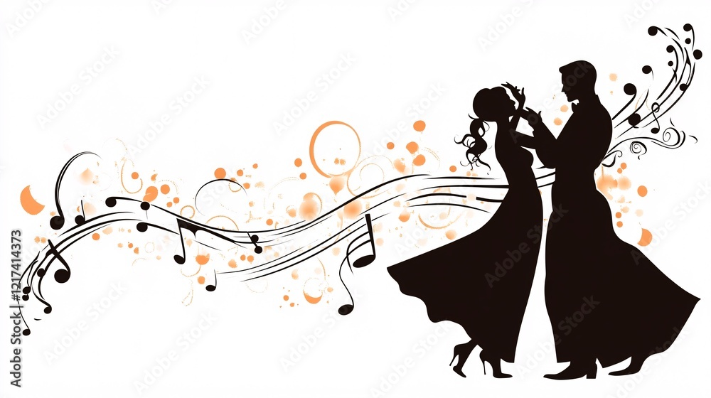 Romantic Couple Dancing Silhouettes with Musical Notes Design Romantic Couple Dancing Silhouettes with Musical Notes Design