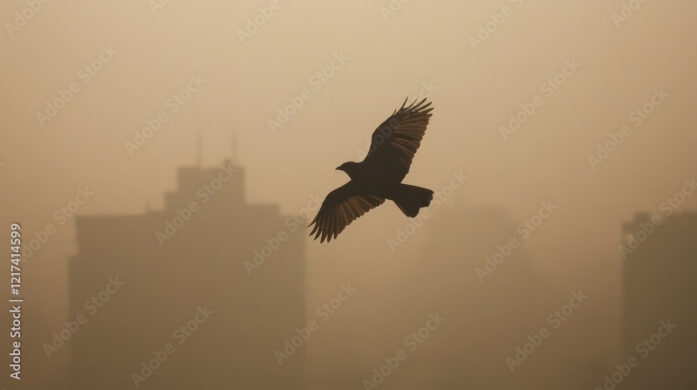 Fototapeta premium Bird struggling to fly through thick smog, muted natural colors, symbolic of wildlife impacted by air pollution.