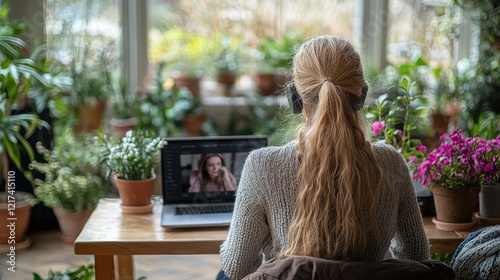 Woman video conferencing at home surrounded by plants