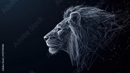Abstract polygonal lion profile, dark background.