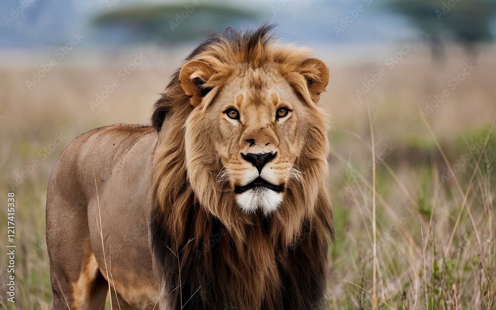 A majestic lion stands proudly in the vast expanse of a sunlit desert, showcasing its strength and regal presence A majestic lion stands proudly in the vast expanse of a sunlit desert, showcasing its strength and regal presence