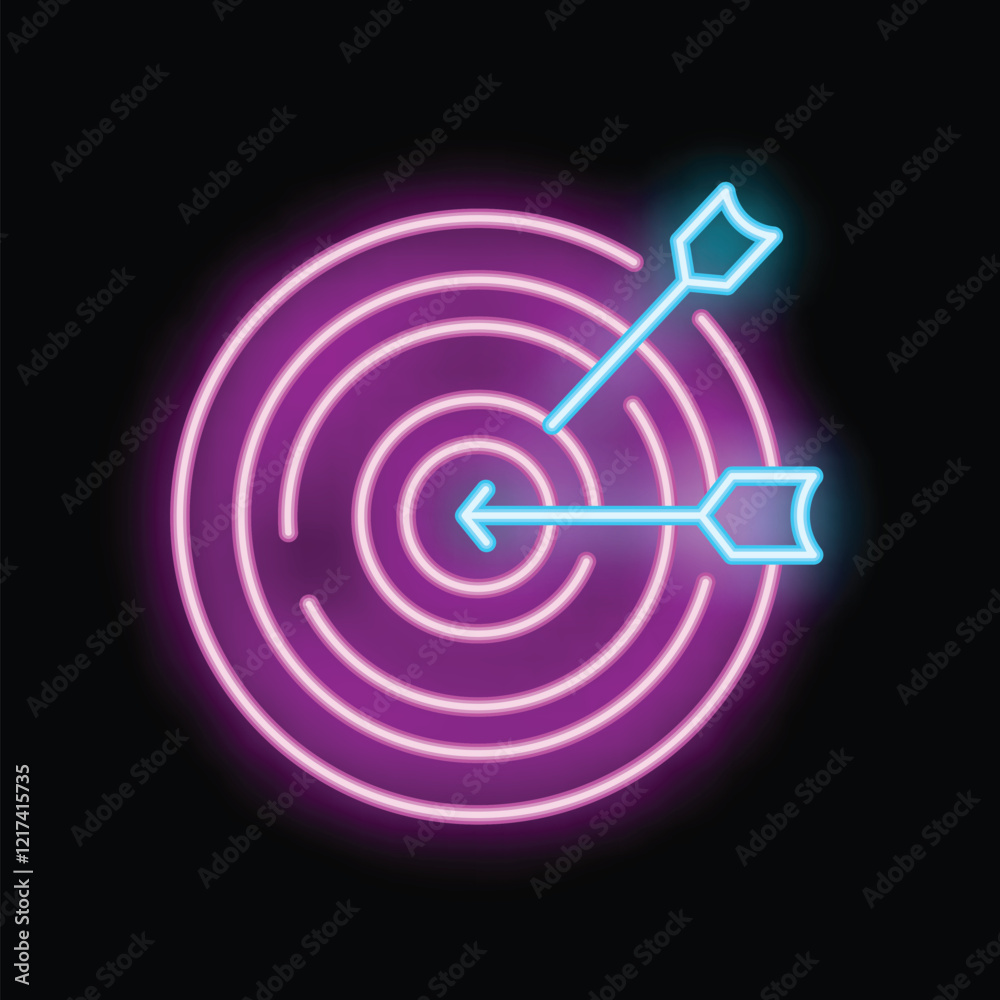 Neon sign representing reaching target with two arrows on black background