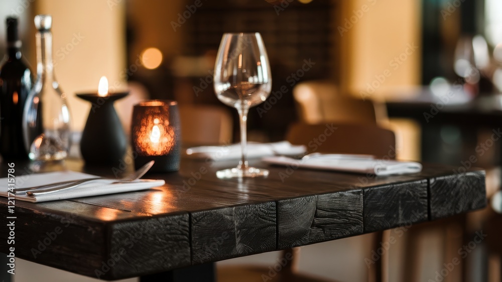 An elegantly set dining table featuring a wine glass, candlelight, and stylish tableware in a warm, inviting restaurant atmosphere. An elegantly set dining table featuring a wine glass, candlelight, and stylish tableware in a warm, inviting restaurant atmosphere.