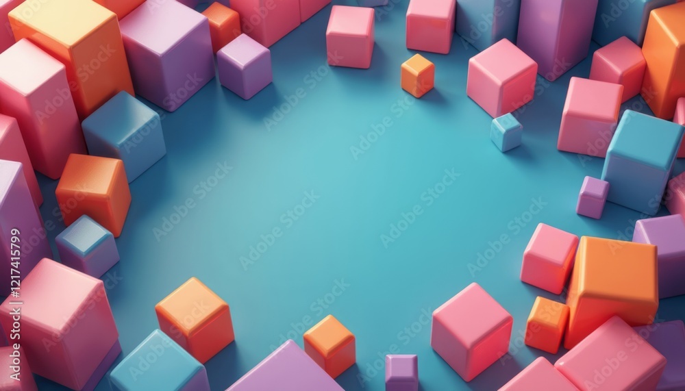 Obraz premium A vibrant arrangement of 3D cubes in pastel shades of pink, purple, and orange forms a whimsical geometric landscape against a soothing blue background. This lively composition invites creativity and