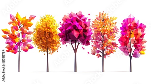 Five colorful polygonal trees on white background, ideal for digital art projects photo