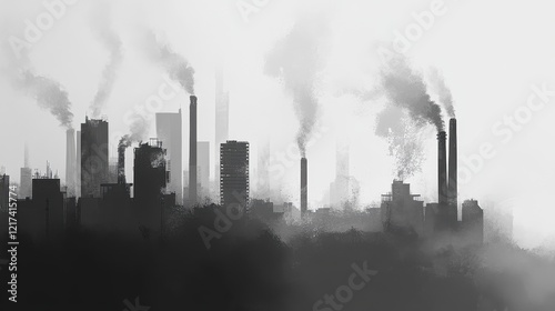 Black and white illustration of a city drowning in smog, abstract and minimalist, representing industrial pollution. 