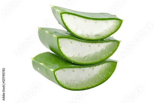 three stacked slices of aloe vera leaf revealing inner gel, close-up view highlighting translucent gel-like substance and thick green outer skin with natural healing and cosmetic properties photo