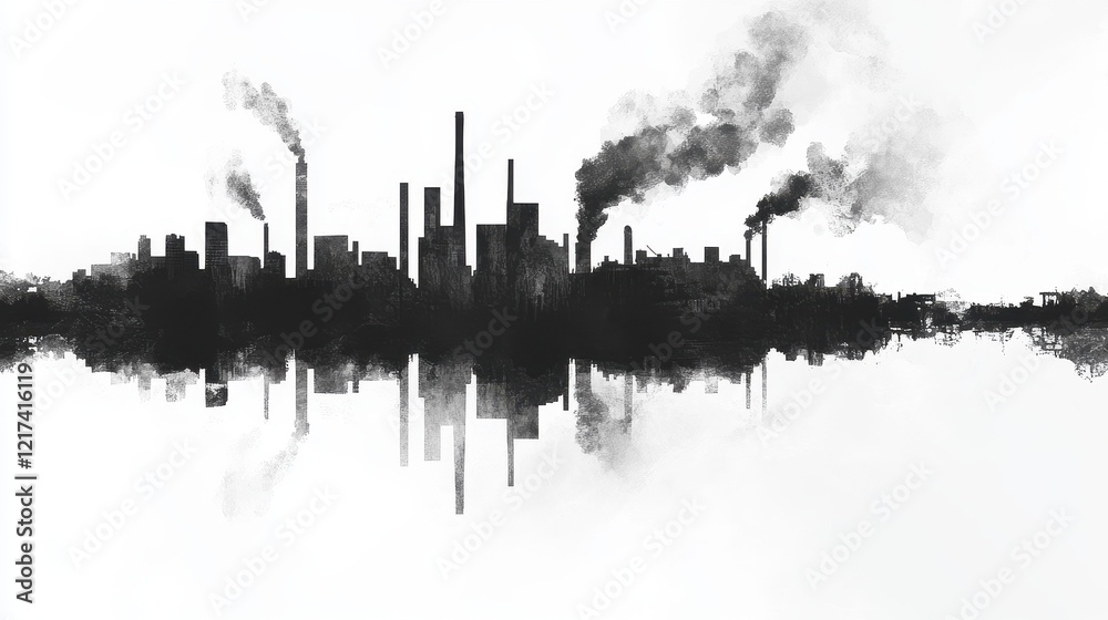 Obraz premium Black and white illustration of a city drowning in smog, abstract and minimalist, representing industrial pollution. 