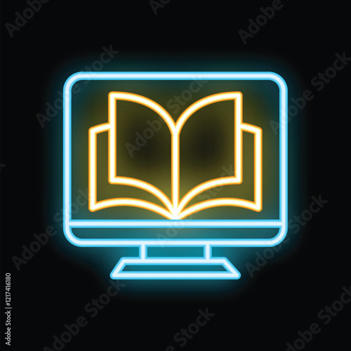 Neon glowing icon of an open book on a computer screen representing online education, e learning and digital knowledge