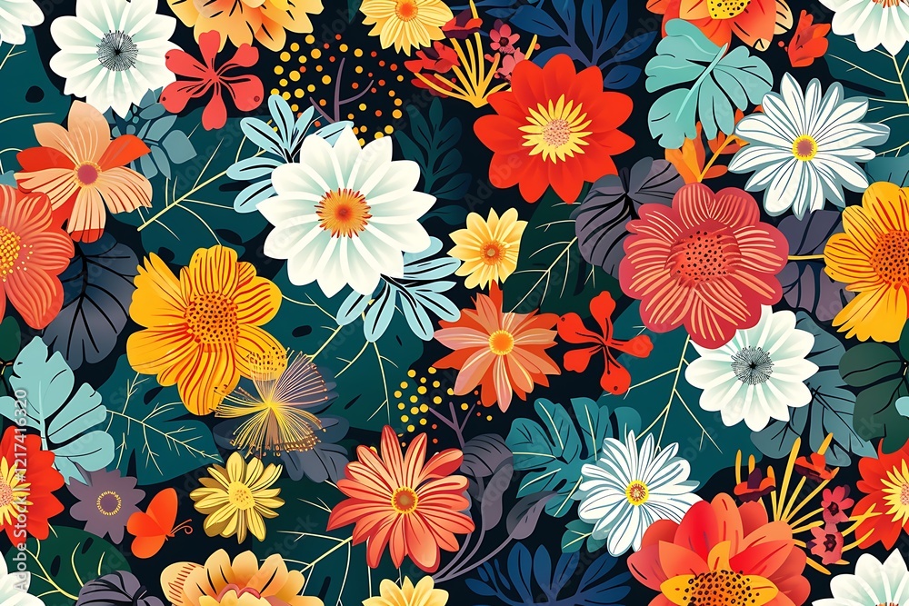 A densely packed, vibrant floral pattern featuring various colorful flowers, tropical leaves, and butterflies on a dark background. The style is bold and graphic.