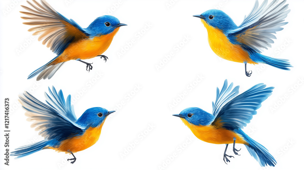 Obraz premium Collection set of flying blue and yellow birds isolated on white background for nature and wildlife art