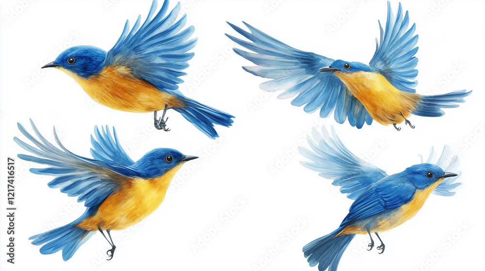 Fototapeta premium Collection set of flying blue and yellow birds isolated on white background for nature and wildlife art
