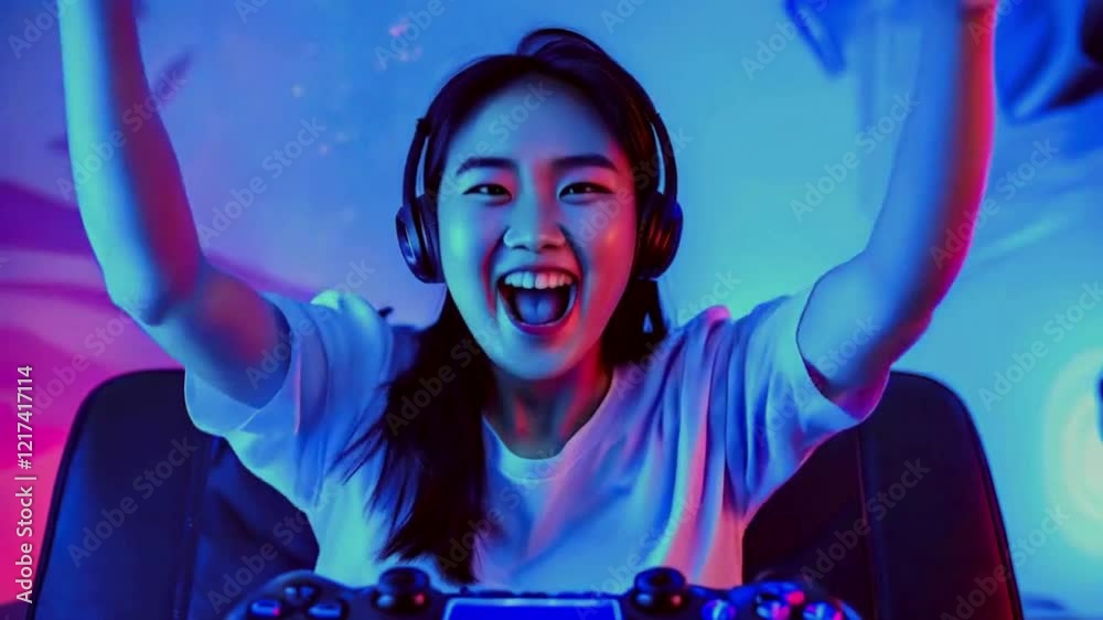 Asian woman excited wear headphones