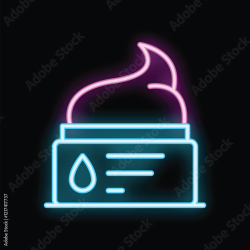 Neon icon of moisturizing cream, body lotion, facial cleanser or hair mask in jar with lid open, beauty industry