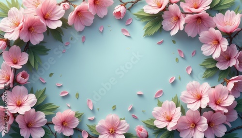 A stunning arrangement of soft pink cherry blossoms elegantly frames a tranquil blue backdrop, creating a peaceful and inviting atmosphere. The gentle petals and lush green leaves evoke feelings of