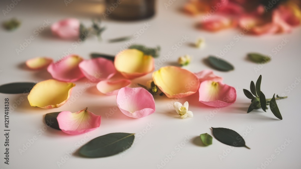 A vibrant arrangement of pink and yellow rose petals scattered on a white surface, creating an elegant and serene atmosphere. A vibrant arrangement of pink and yellow rose petals scattered on a white surface, creating an elegant and serene atmosphere.