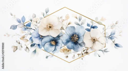 Fototapeta Naklejka Na Ścianę i Meble -  Blue and cream watercolor floral arrangement, hexagonal frame, white background, wedding invitation design