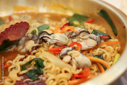 Seafood added to Korean instant ramen. Seafood Ramen photo